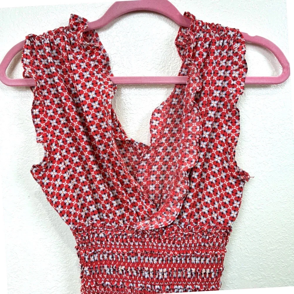 Max Studio Red Geometric Print Smocked Waist Ruffle‎ Jumpsuit 8901C46 Small Boho